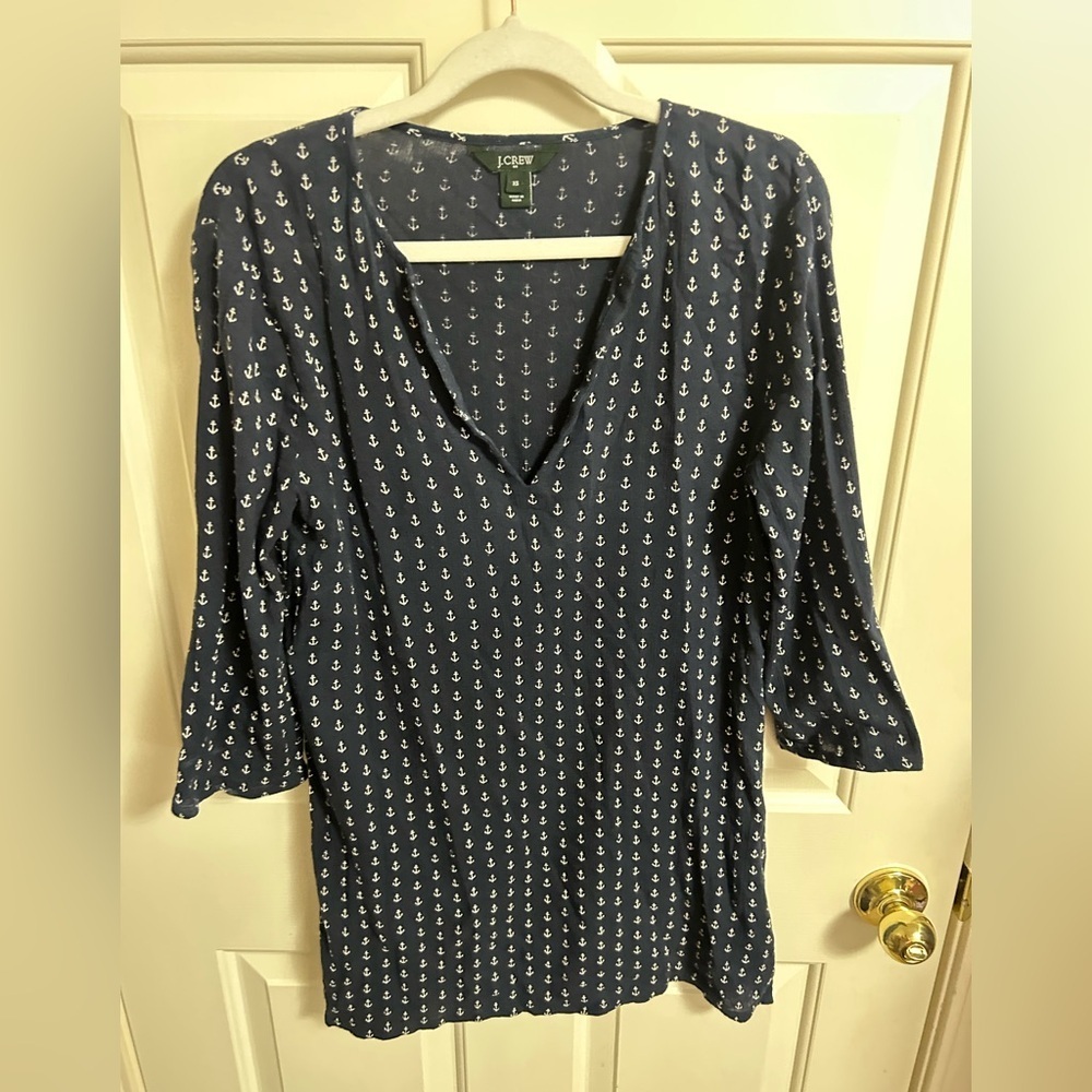 4/$25 J. Crew Tunic Top‎ Anchor Print Blue Navy V-Neck 3/4 Sleeve Size XS